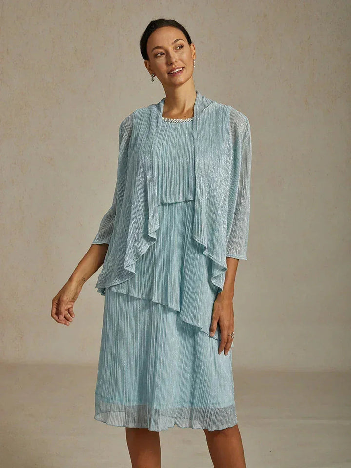 Metallic Pleated Chiffon Midi Dress with Beaded Round Neck
