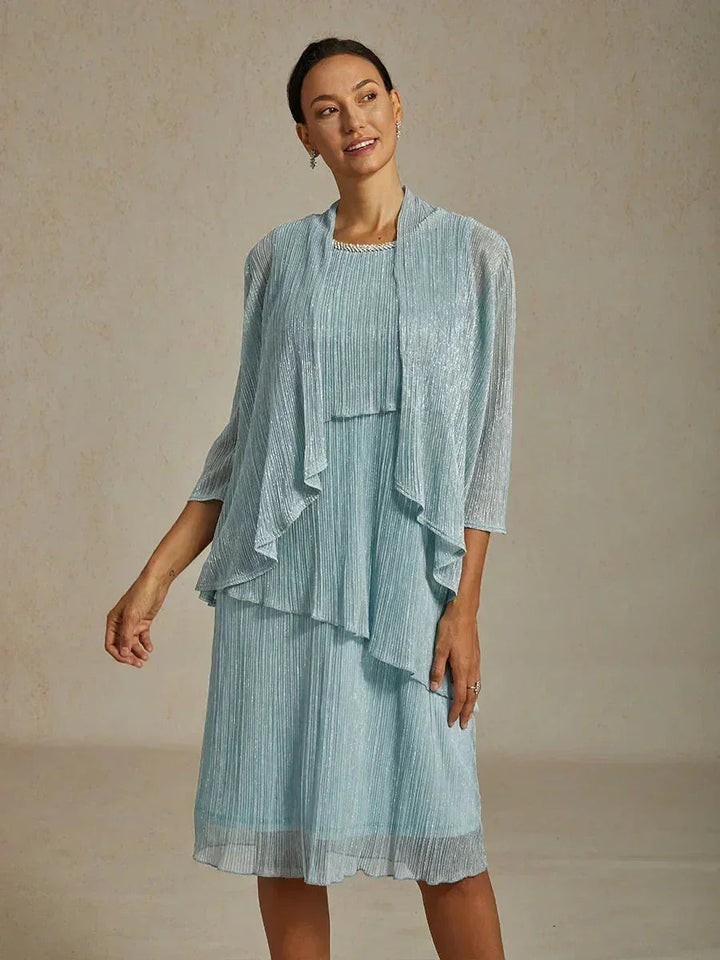 Metallic Pleated Chiffon Midi Dress with Beaded Round Neck