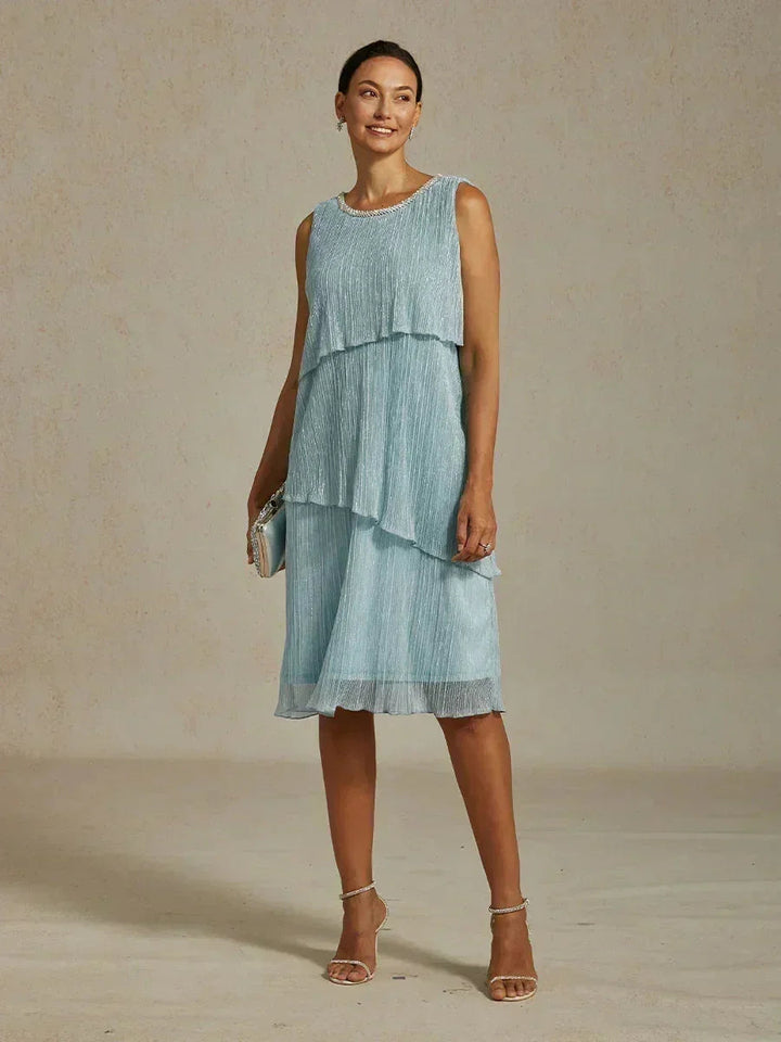 Metallic Pleated Chiffon Midi Dress with Beaded Round Neck