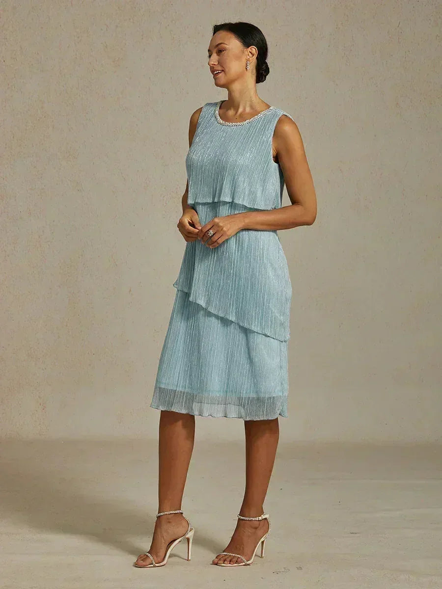 Metallic Pleated Chiffon Midi Dress with Beaded Round Neck