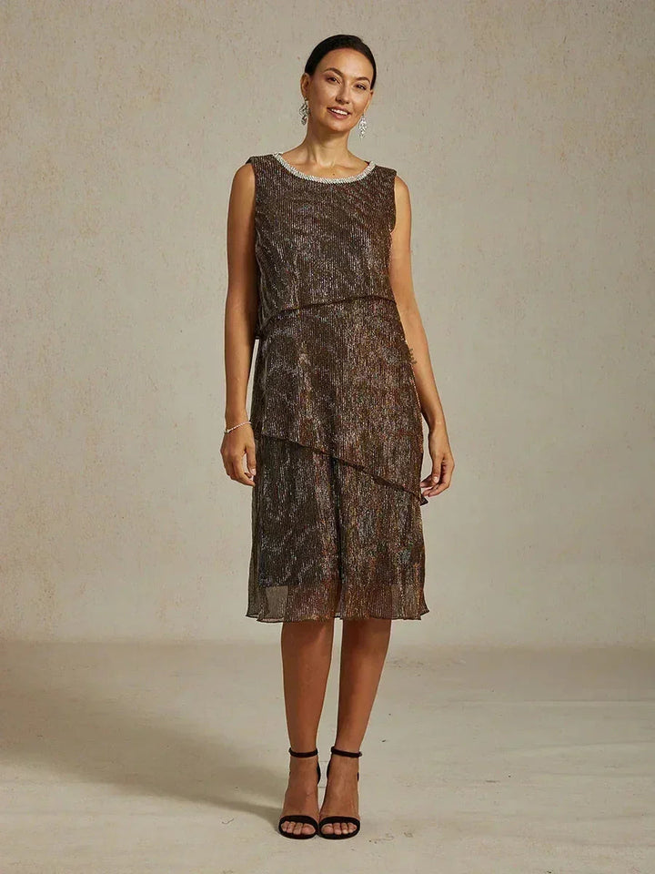 Metallic Pleated Chiffon Midi Dress with Beaded Round Neck