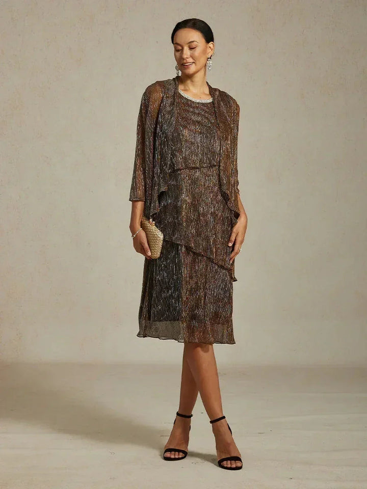 Metallic Pleated Chiffon Midi Dress with Beaded Round Neck