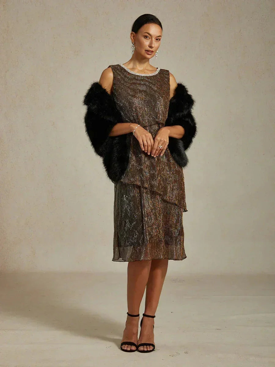 Metallic Pleated Chiffon Midi Dress with Beaded Round Neck