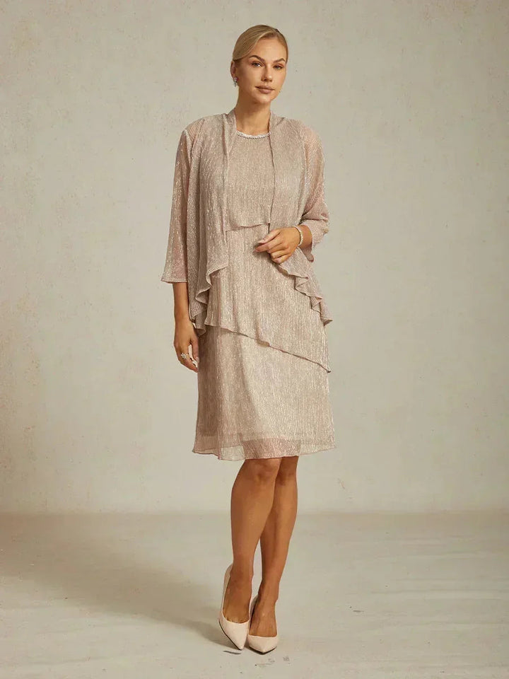 Metallic Pleated Chiffon Midi Dress with Beaded Round Neck