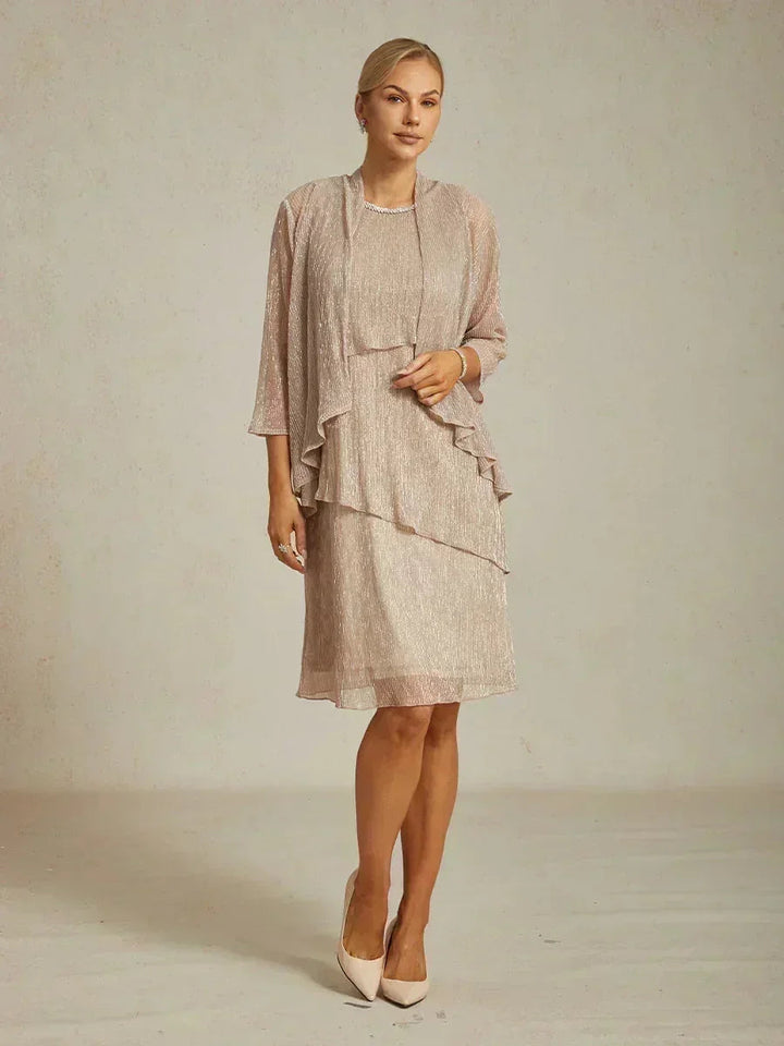 Metallic Pleated Chiffon Midi Dress with Beaded Round Neck