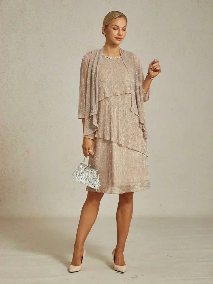 Metallic Pleated Chiffon Long Jacket with Layered Design