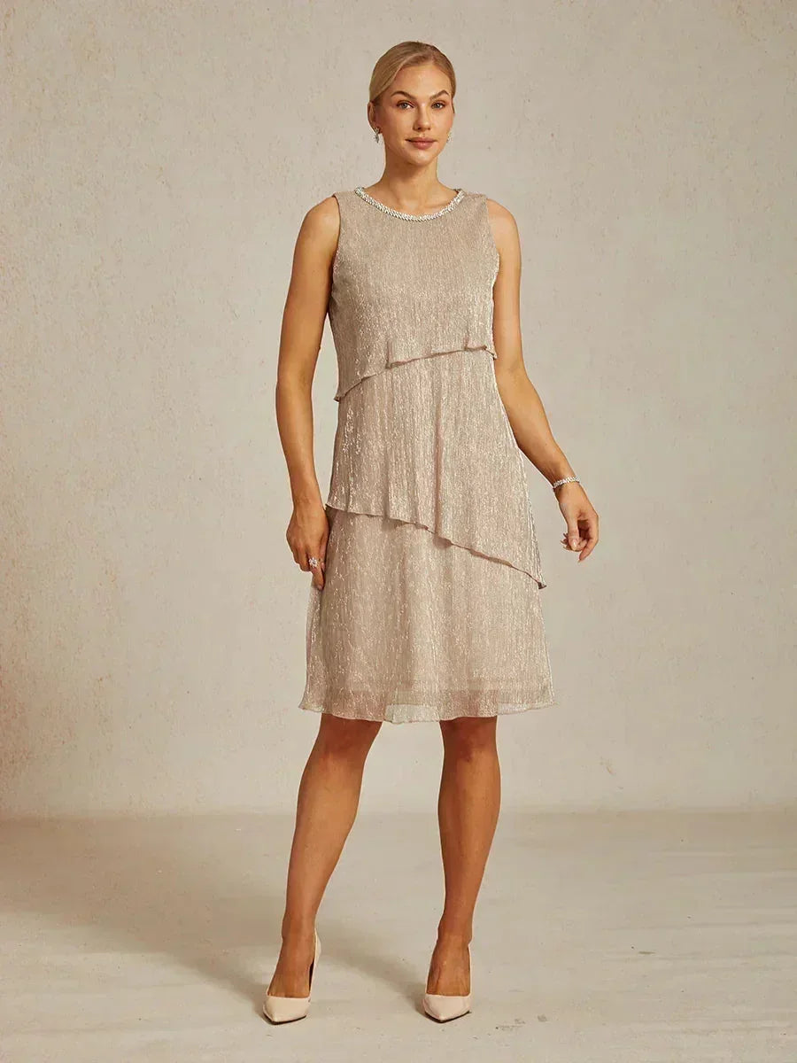Metallic Pleated Chiffon Midi Dress with Beaded Round Neck