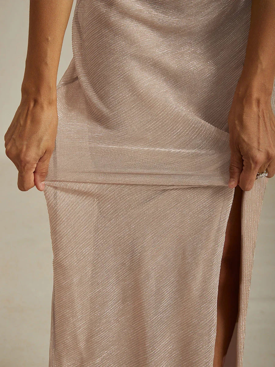 Metallic  Pleated Chiffon V-Neck Maxi Dress