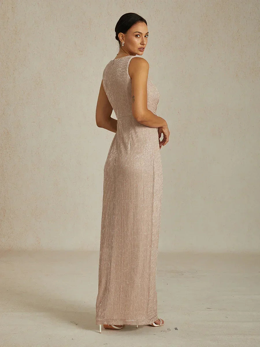 Metallic Pleated Chiffon Long Jacket Dress