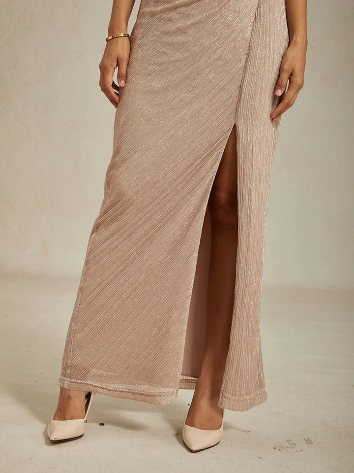 Metallic Pleated Chiffon Long Jacket Dress