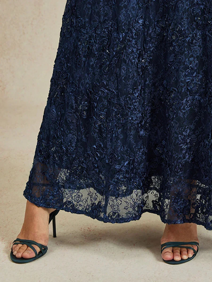 Rosette Lace Boat Neck A Line Dress