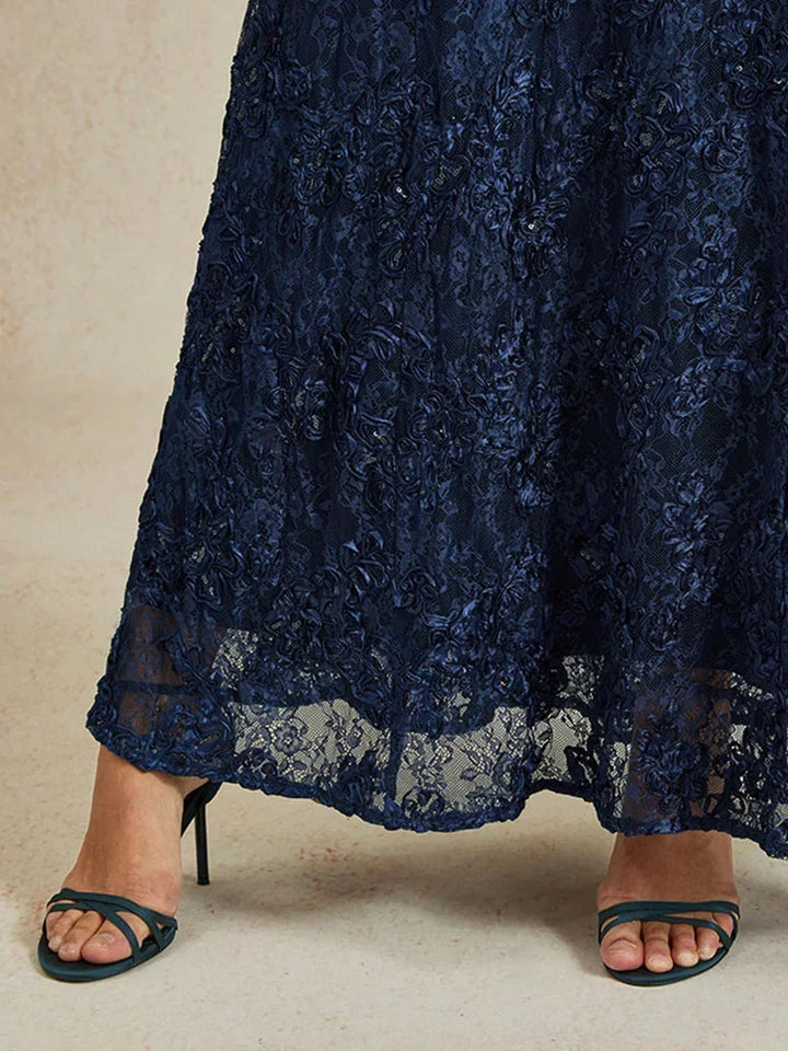 Rosette Lace Boat Neck A Line Dress