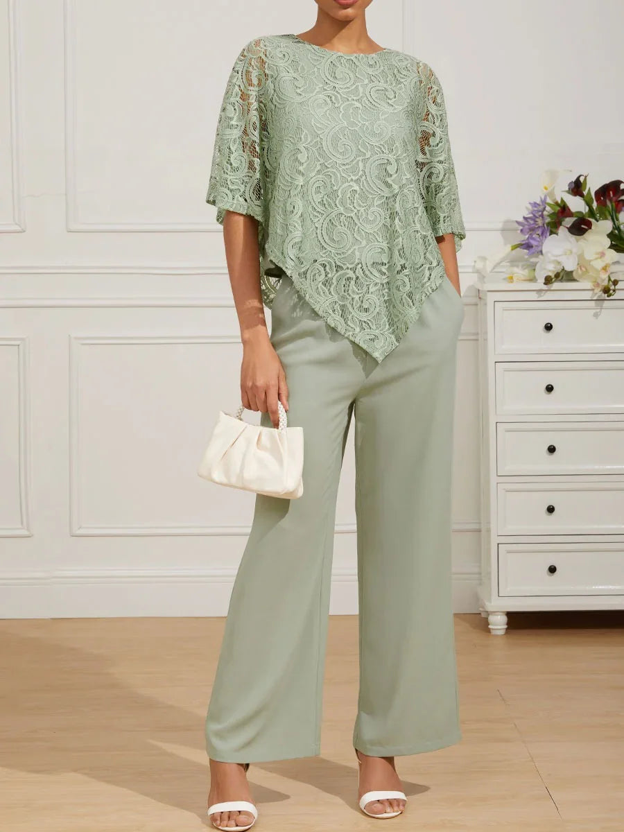 Elegant Lace Batwing Sleeve Top And Pant Suits