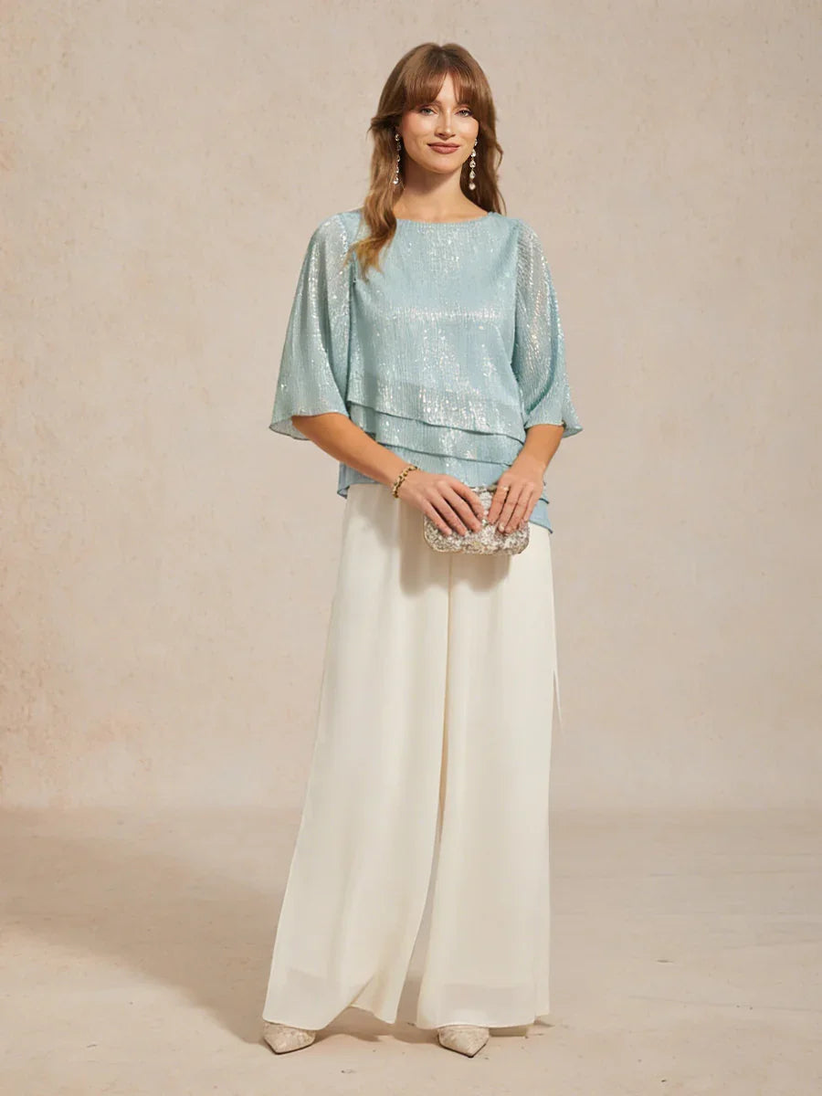 Chiffon Asymmetrical Layered Blouse And Pant Suits