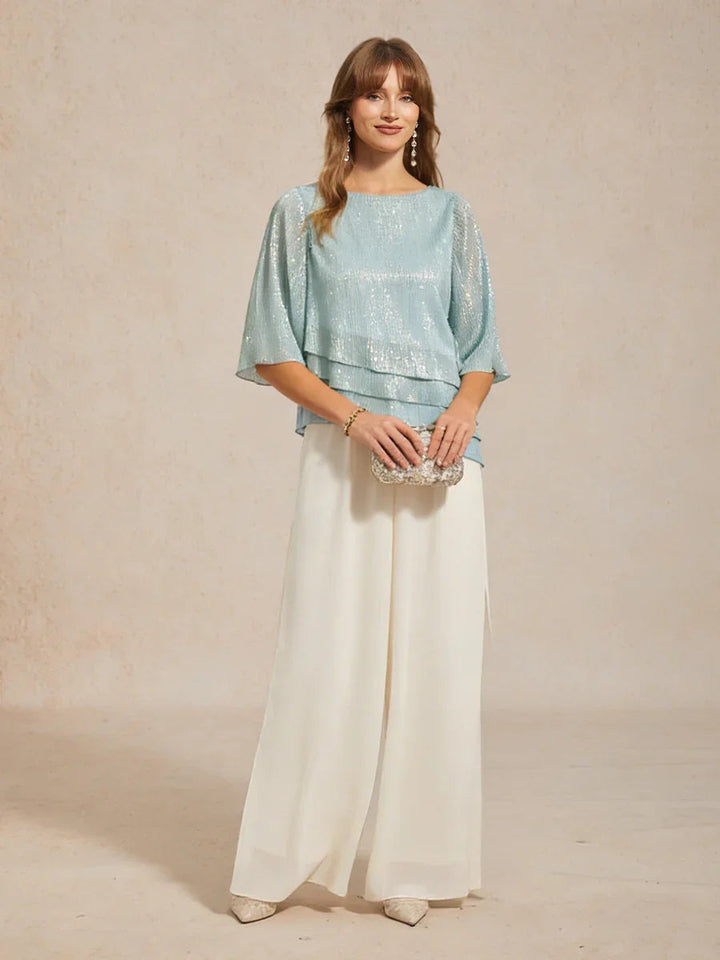 Chiffon Asymmetrical Layered Blouse And Pant Suits