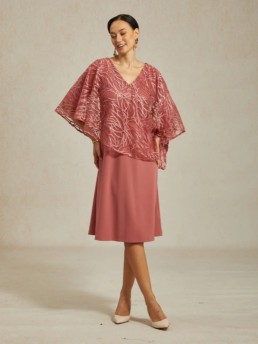 Sequin Knee Length V Neck Overlay Dress