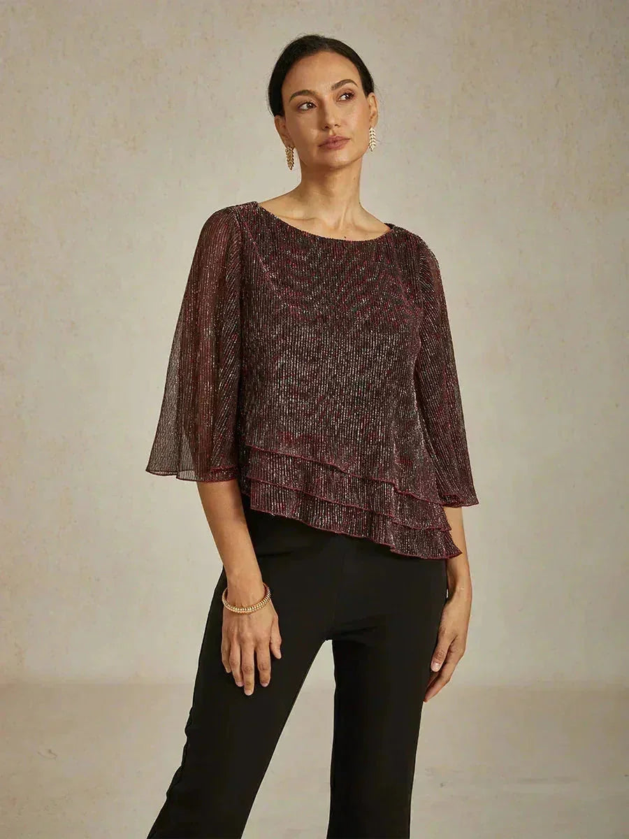 Metallic Pleated Chiffon Asymmetrical Layered Blouse