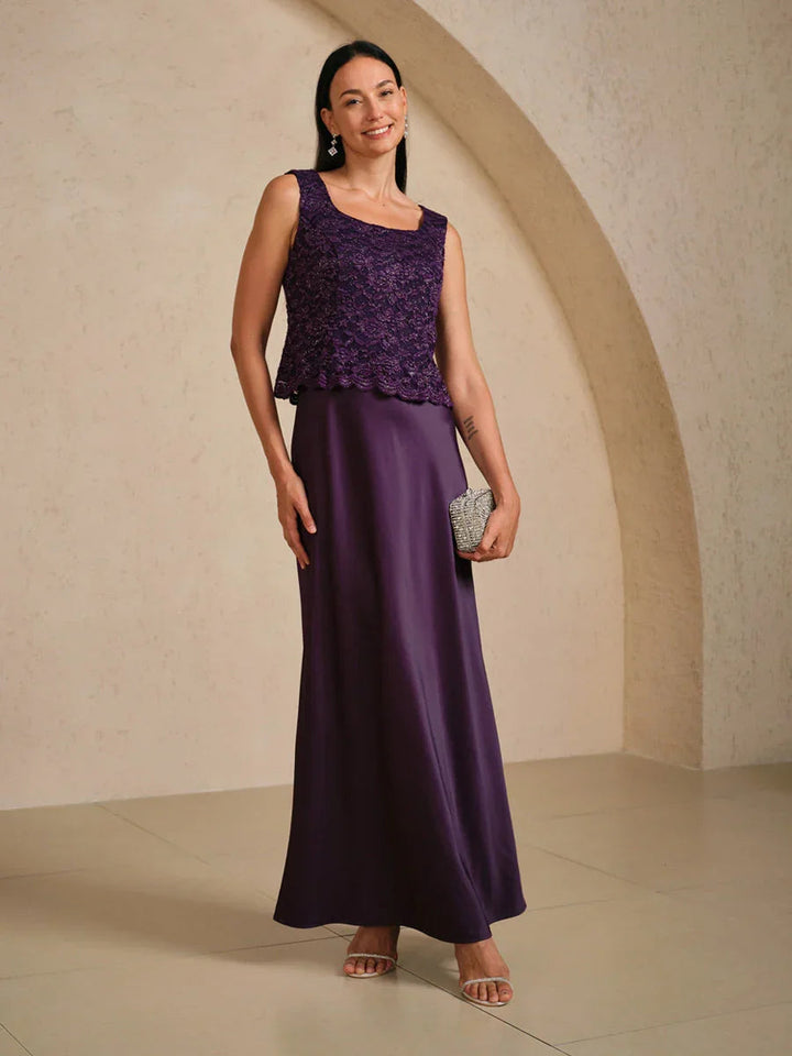 Sleeveless Glitter Lace Satin A-Line Dress with Silver Glitter