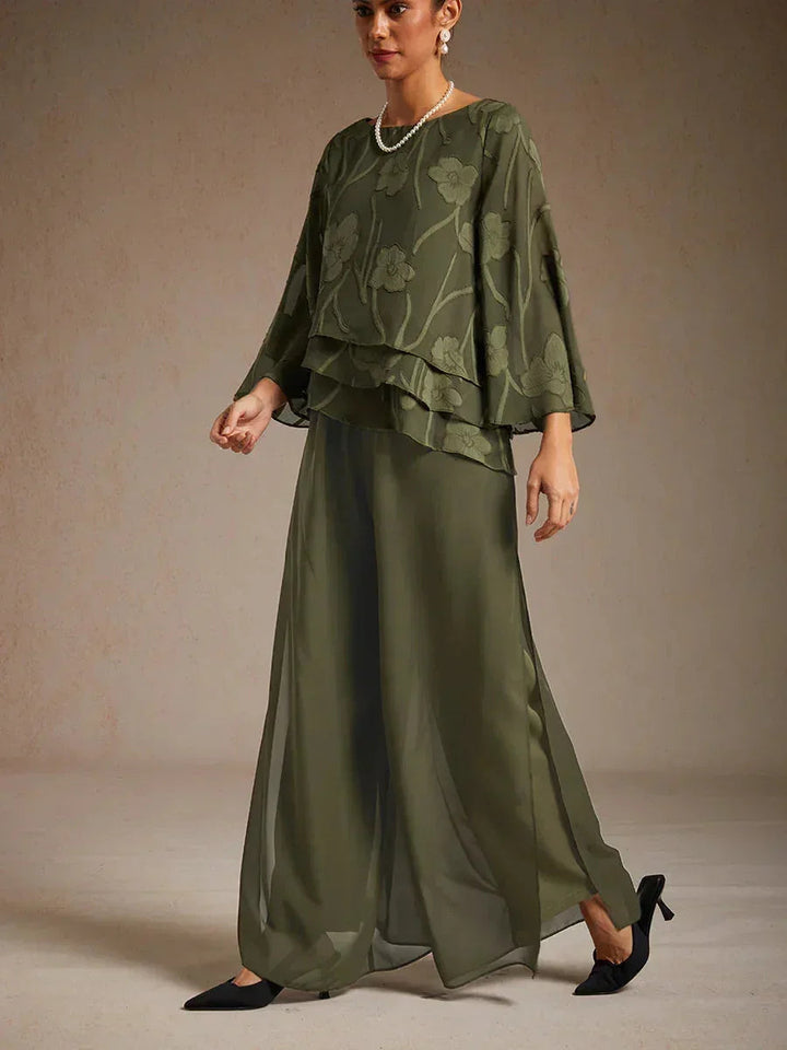 Chiffon Layered Blouse Straight Leg Pant Suits