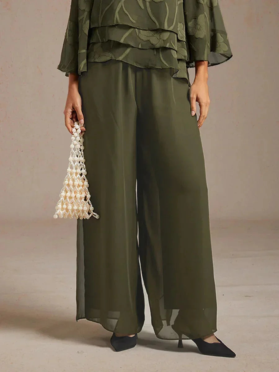 Chiffon Layered Blouse Straight Leg Pant Suits