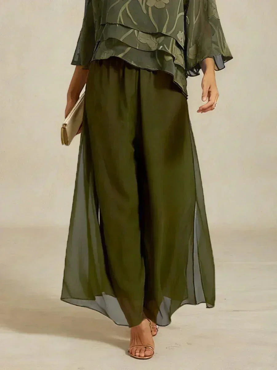 Straight Leg Pant With Chiffon Split Leg Overlay