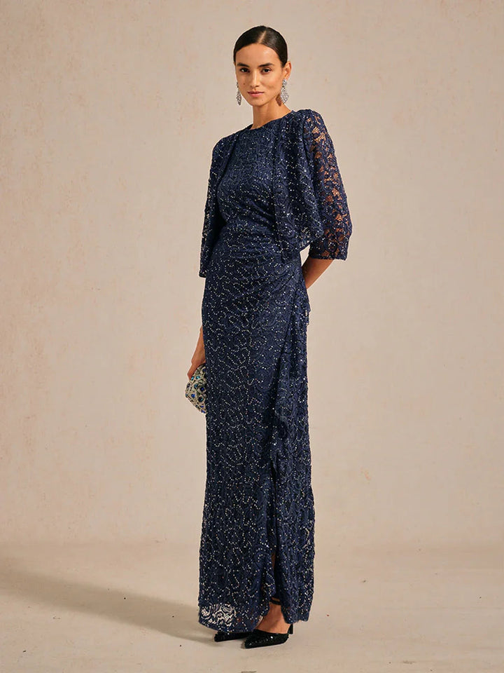 Lace Sequin Maxi Dress with Ruffle Detail