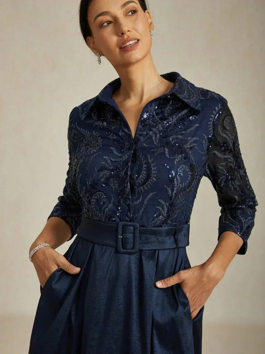 Stretch Taffeta Embroidered Cocktail Dress with Sequin Bodice