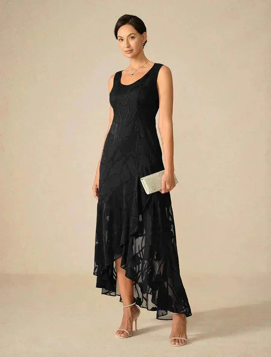 Floral Chiffon Sleeveless Evening Gown with Asymmetrical Hem