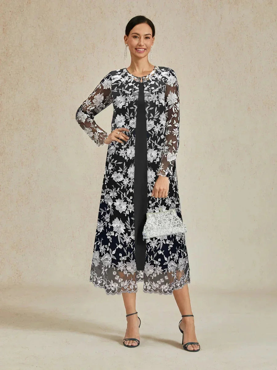Long Floral Embroidered Lace Jacket Dress