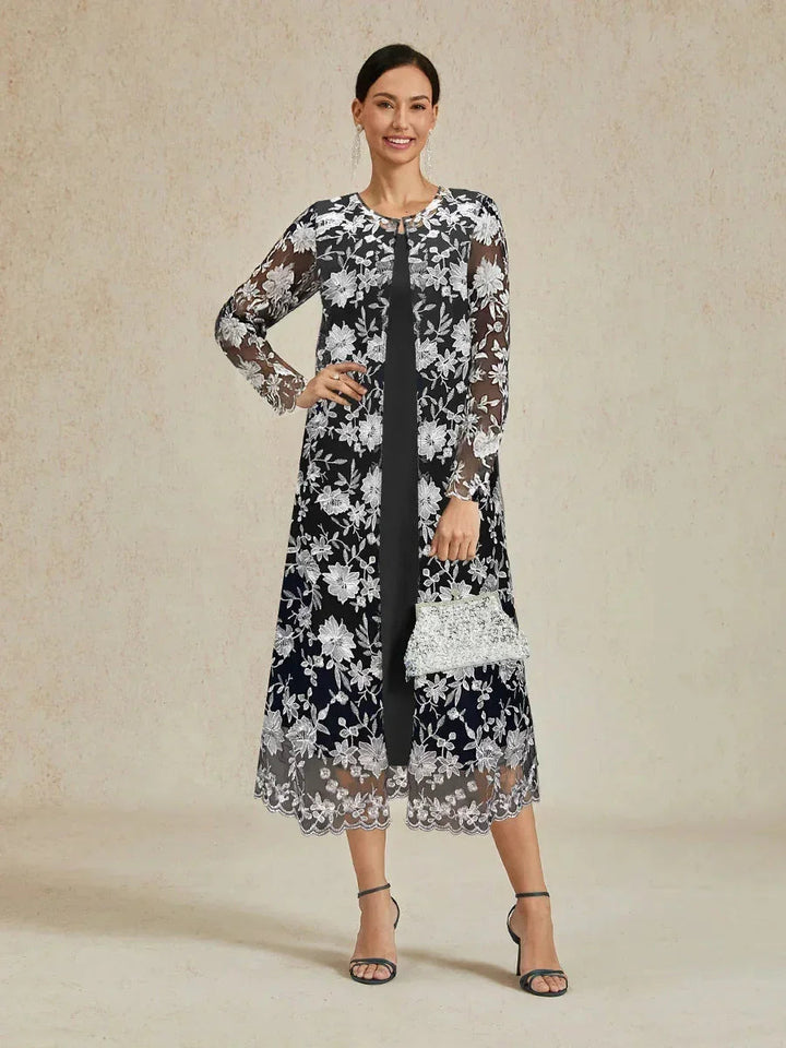 Long Floral Embroidered Lace Jacket Dress