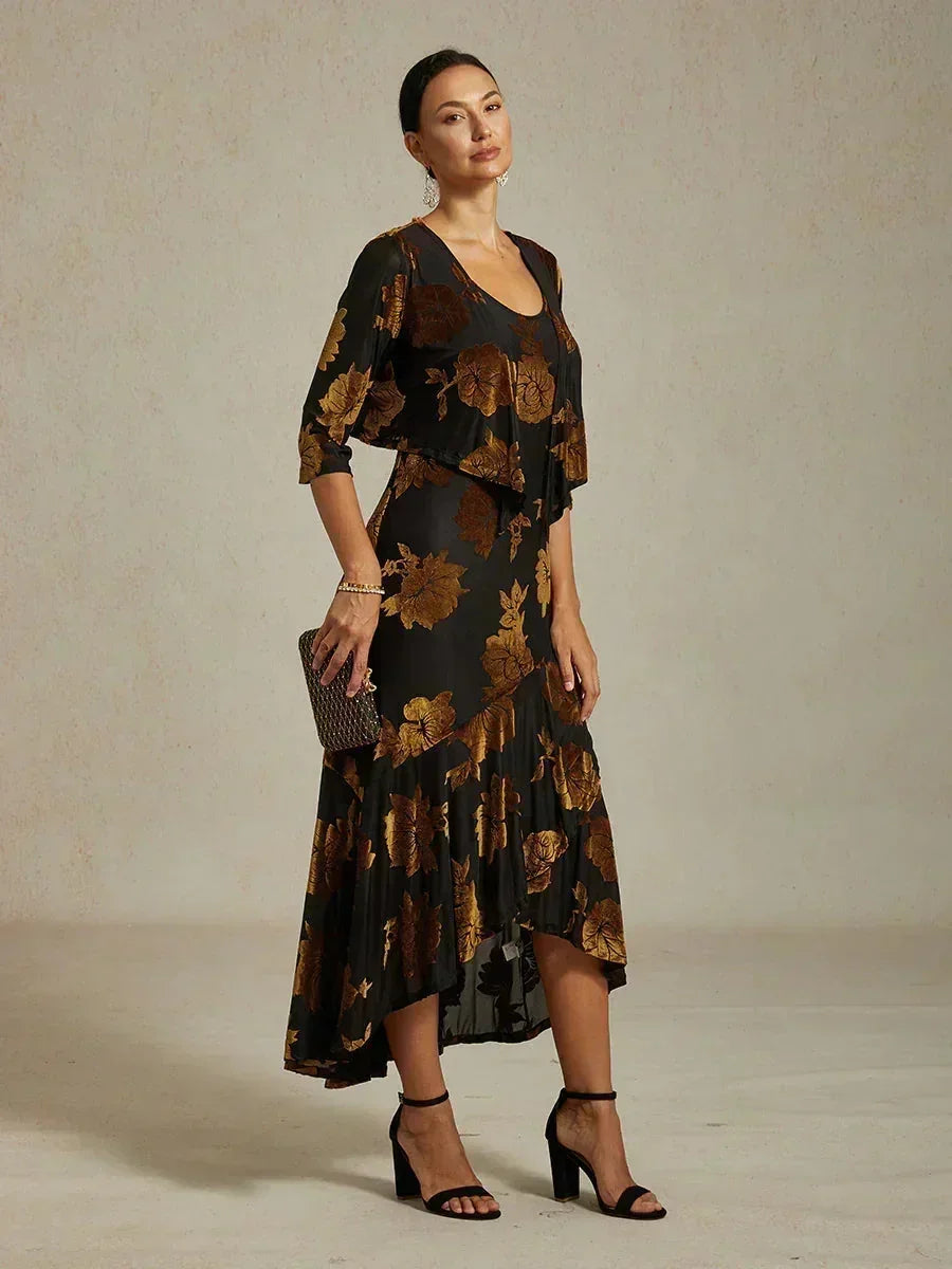Floral Evening Gown with Asymmetrical Hem