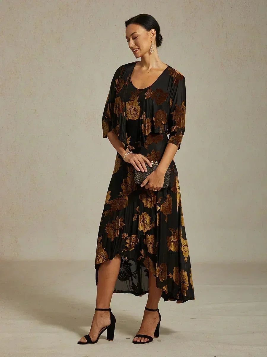 Floral Evening Gown with Asymmetrical Hem