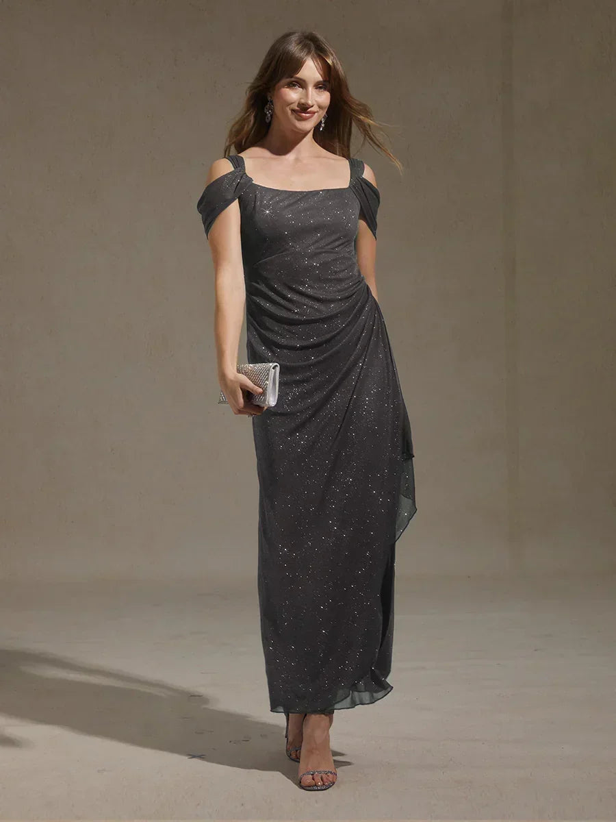 Ankle-Length Cold Shoulder Glitter Mesh Dress