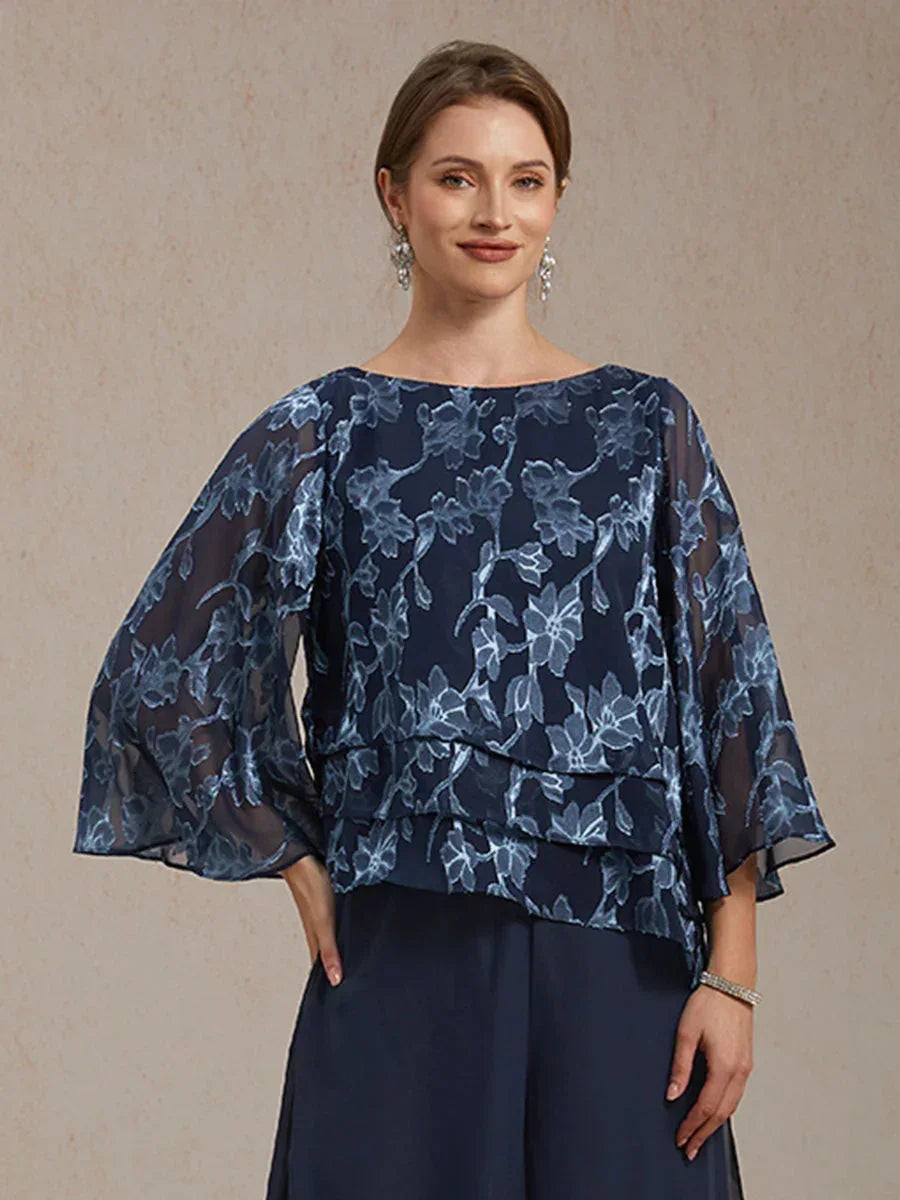 Floral Chiffon Blouse And Chiffon Pants Suit