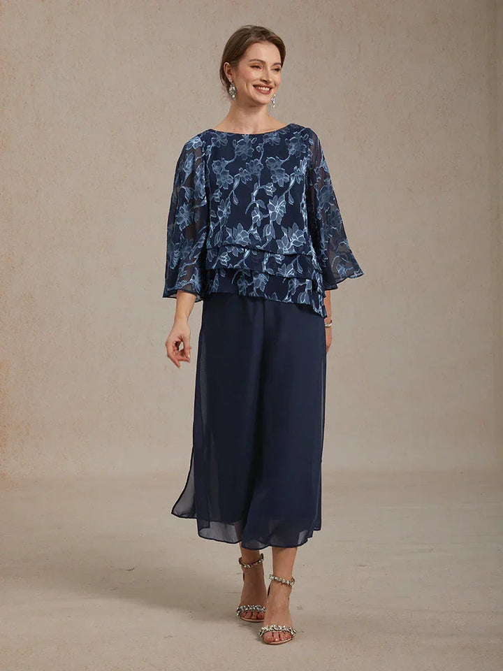 Floral Chiffon Blouse And Chiffon Pants Suit