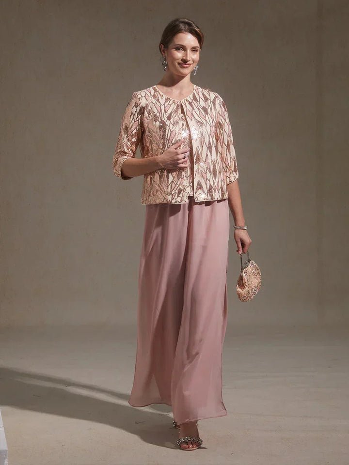 Sequin Beaded Mock Jackets Twinset And Chiffon Pant Suits