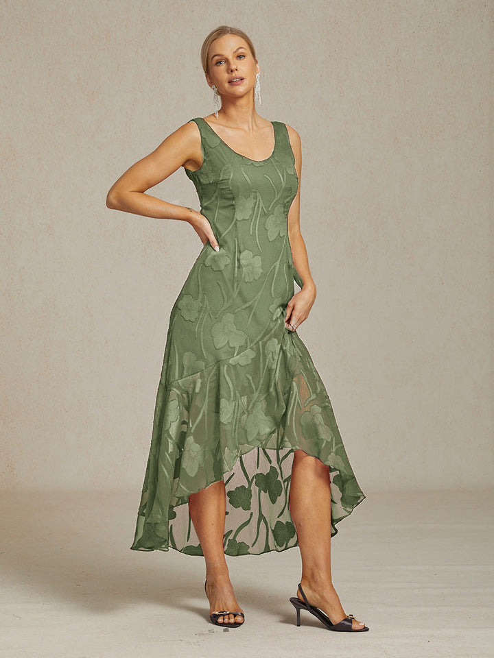 Floral Chiffon Sleeveless Evening Gown with Asymmetrical Hem