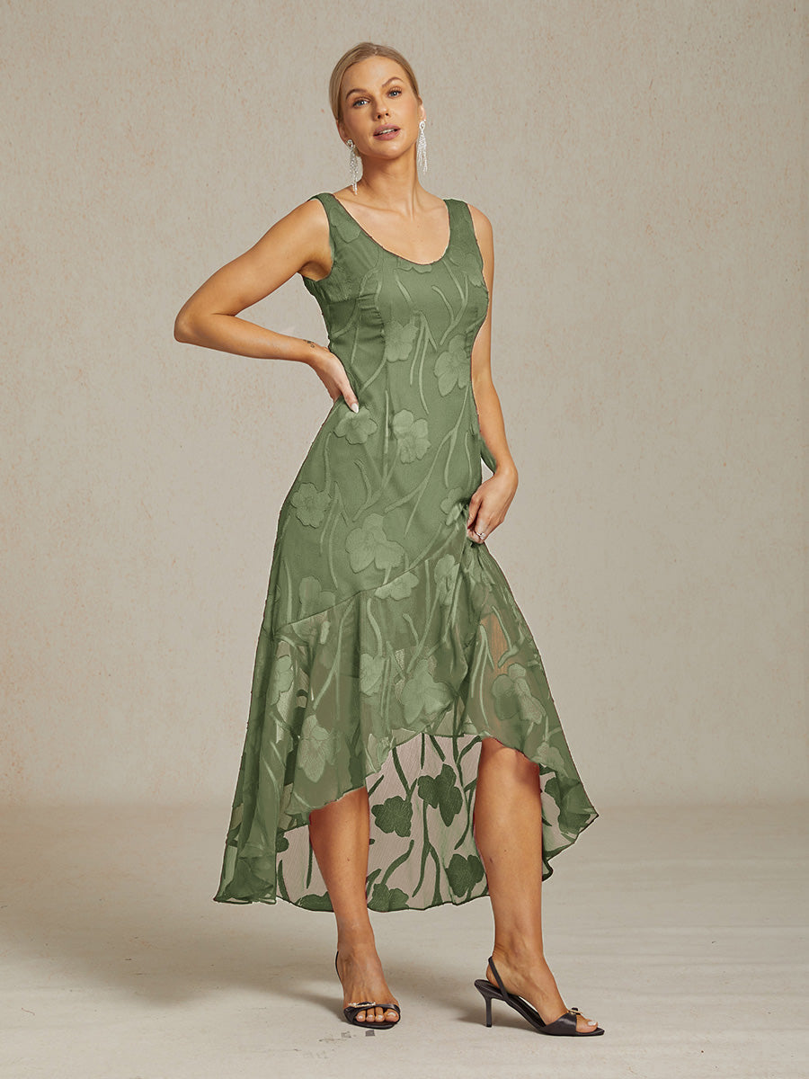 Floral Chiffon Sleeveless Evening Gown with Asymmetrical Hem