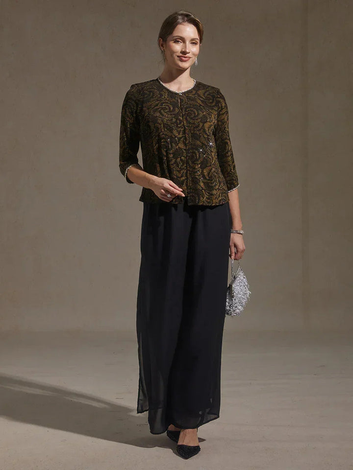 3/4 Sleeve Knit Mock Twinset And Chiffon Pant Suits