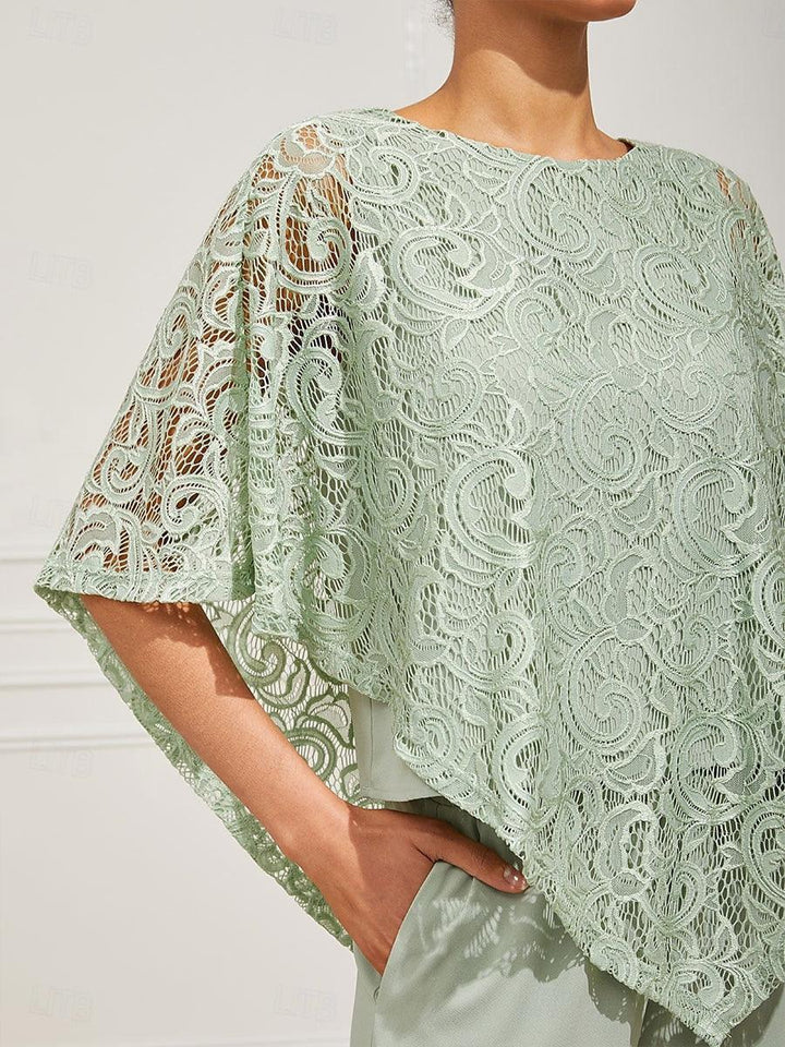 Elegant Lace Batwing Sleeve Top And Pant Suits