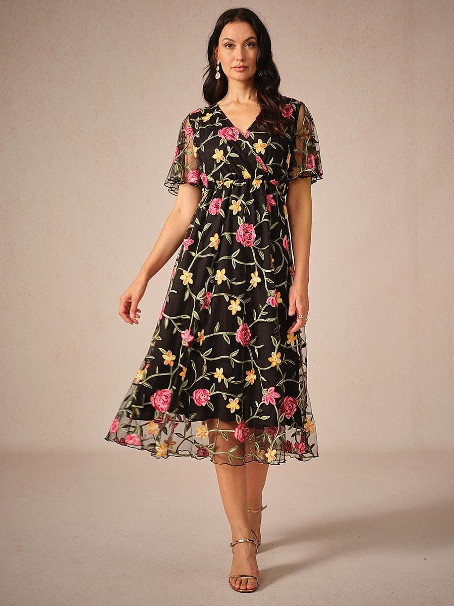 Floral Embroidery Mesh Midi Dress