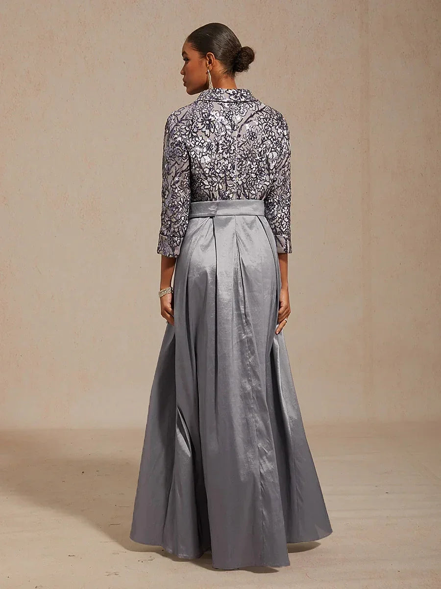 Stretch Taffeta Embroidered Cocktail Dress with Paisley Sequin Bodice