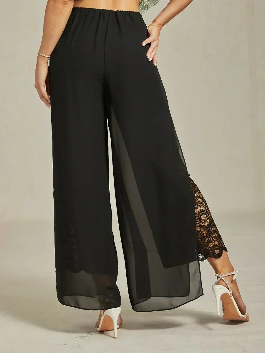 Lace Straight Leg Pant With Chiffon Split Leg Overlay