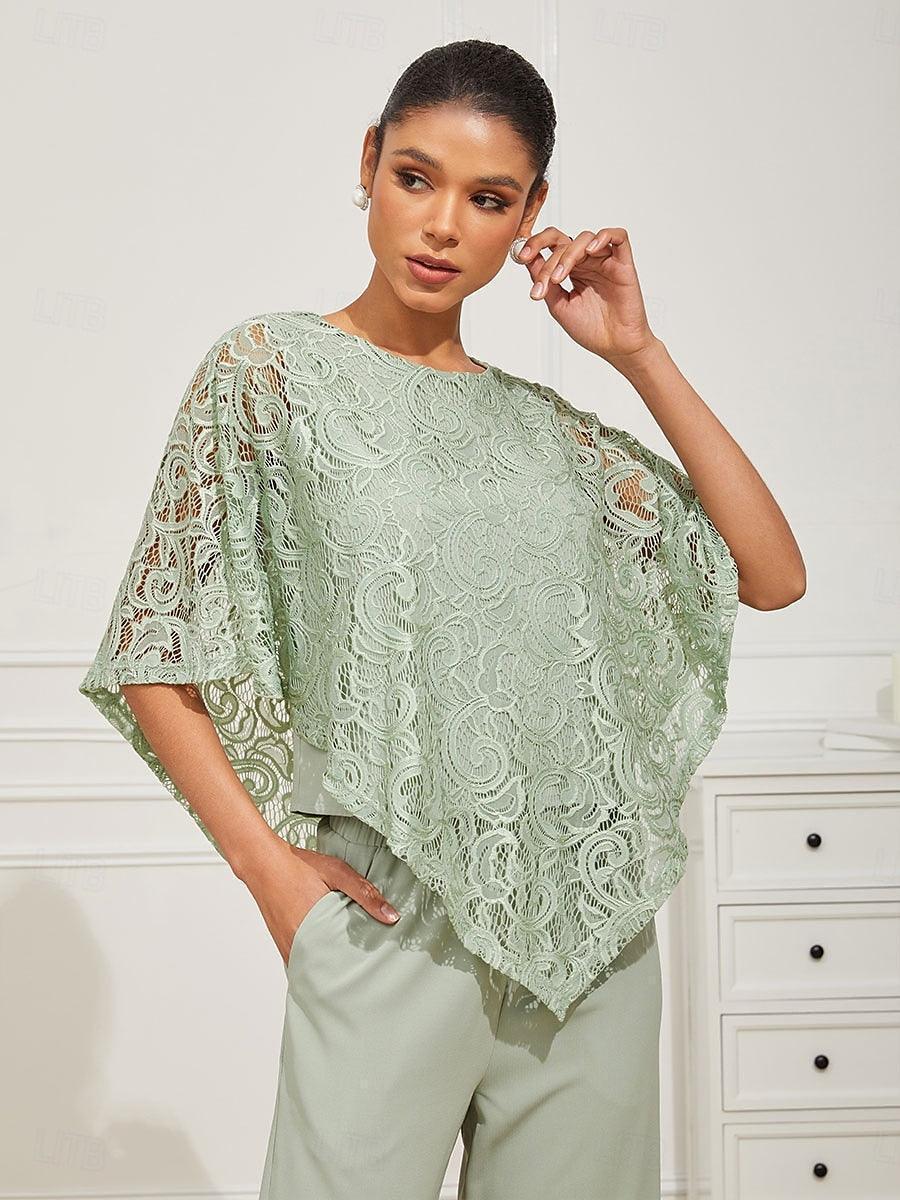 Elegant Lace Batwing Sleeve Top And Pant Suits