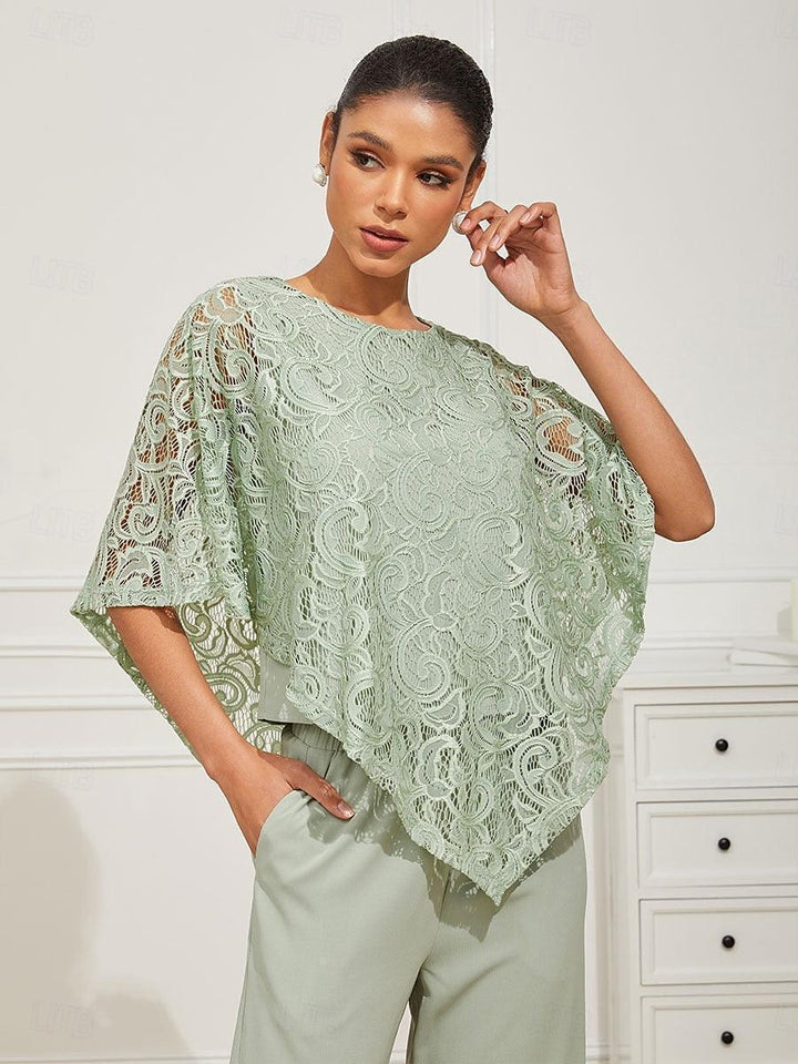 Elegant Lace Batwing Sleeve Top And Pant Suits