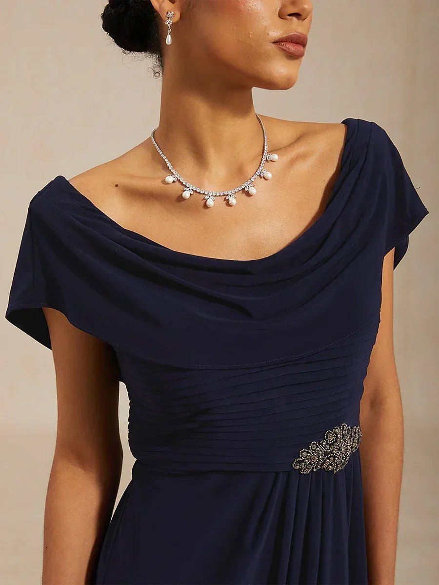 Draped Neck Jersey Evening Dress with Pleated Bodice