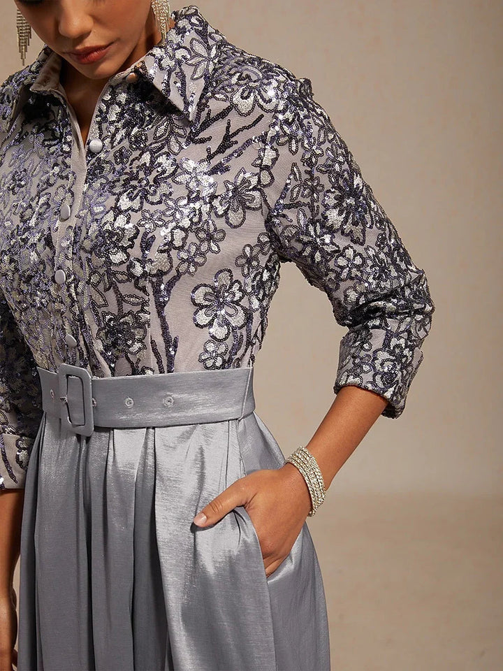 Stretch Taffeta Embroidered Cocktail Dress with Paisley Sequin Bodice