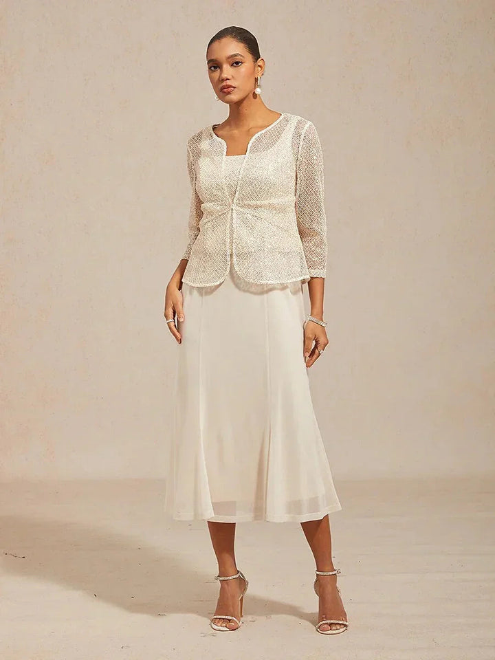 Mesh Sequin 3/4 Sleeve Jacket Dress