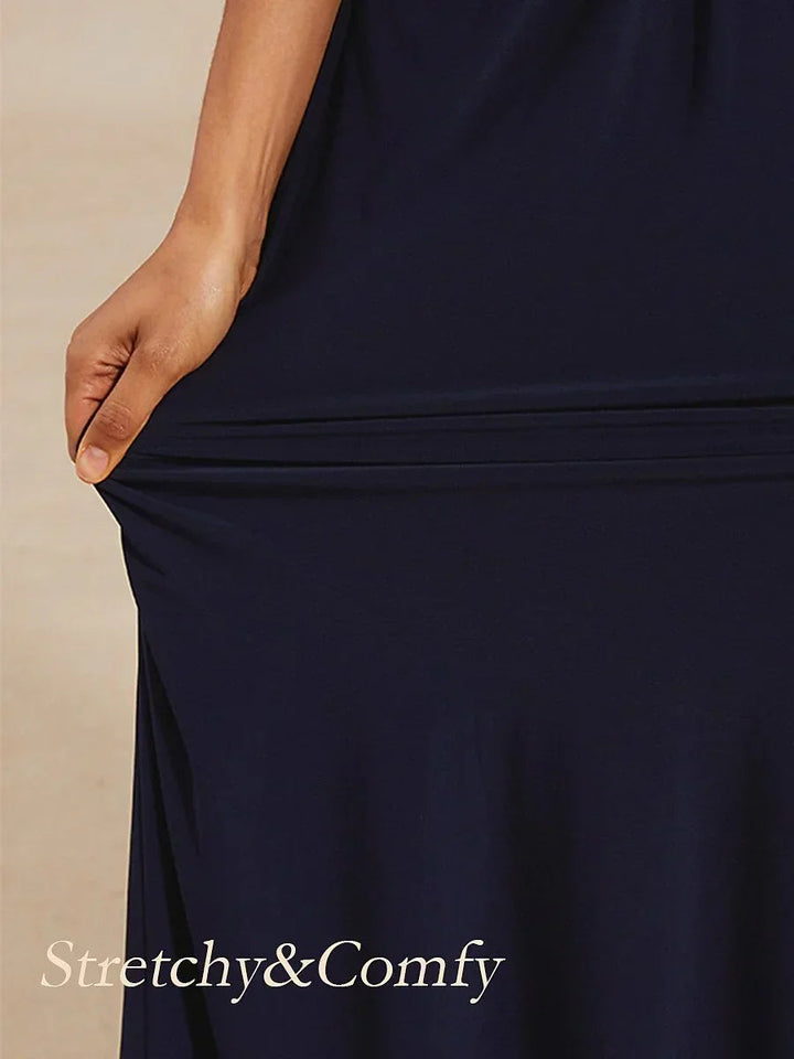 Draped Neck Jersey Evening Dress with Pleated Bodice