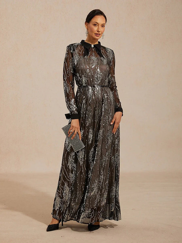 Sequin Mesh Overlay Dress with Crystal Button